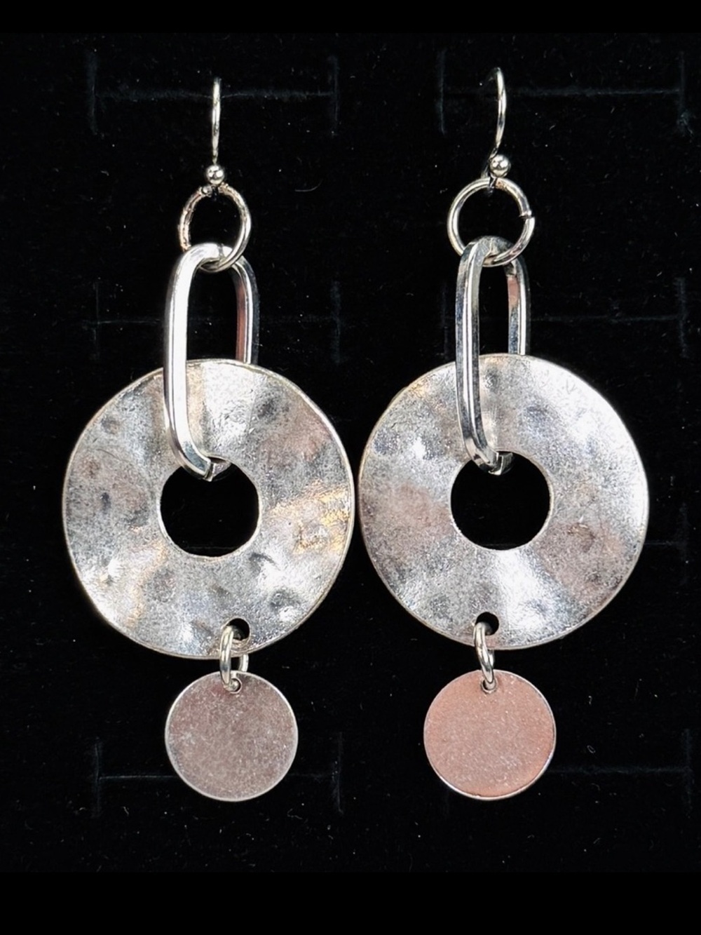 Aged Silvertone hammered accent, weighted, bohemian chic pierced earrings